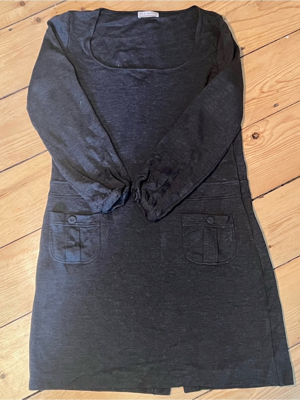 Simple Scoop Neck 100% Wool Gray Dress with Front Pockets
